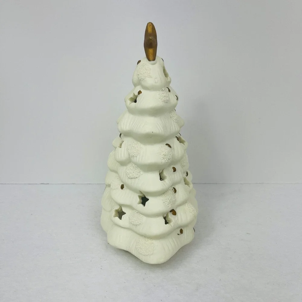 White Ceramic Christmas Tree Tea Light Holder Gold Star Cutouts Holiday Decor 8